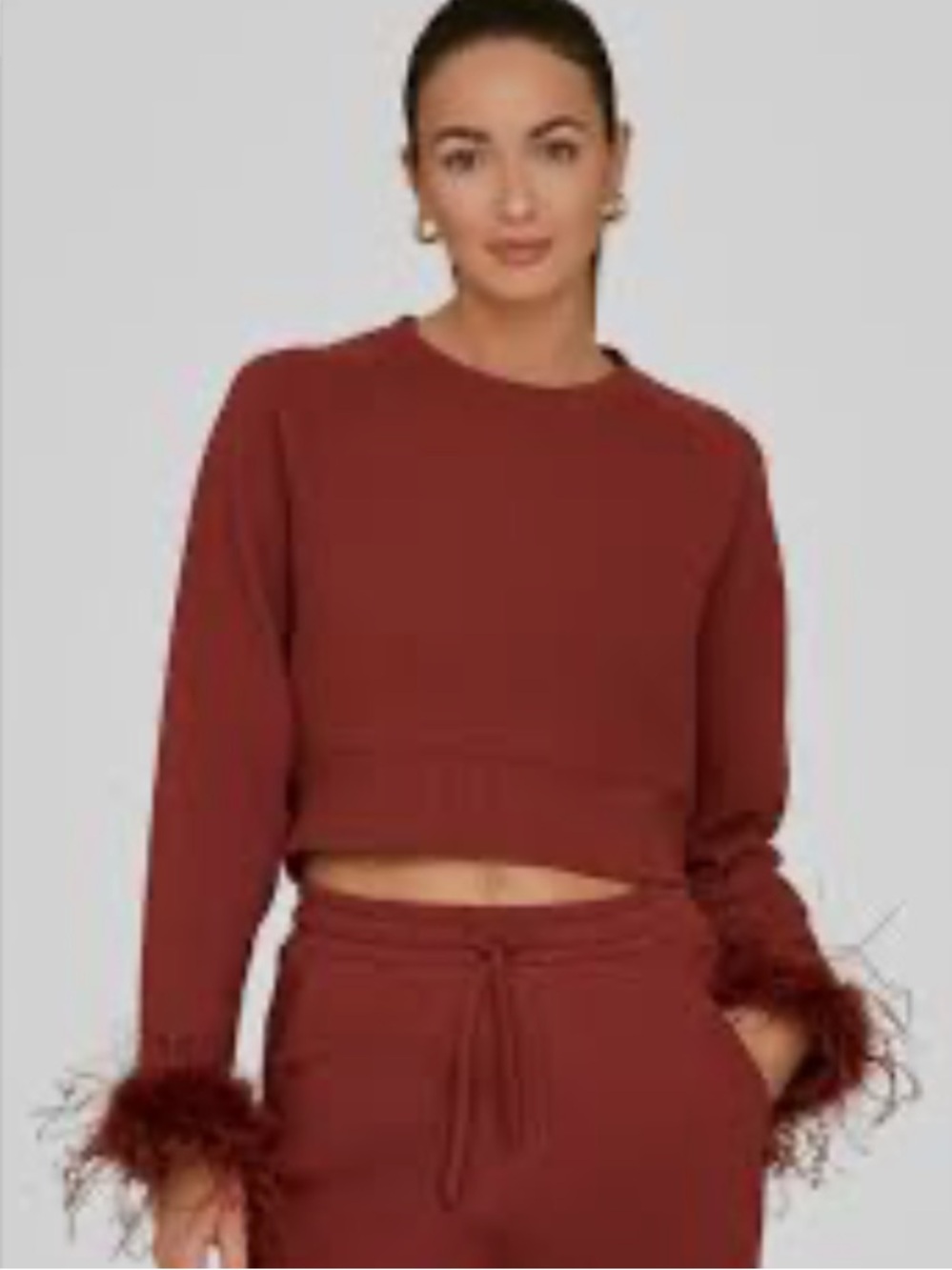 Noli Feather-Cuff Cropped Sweatshirt and pants set in Rust Red